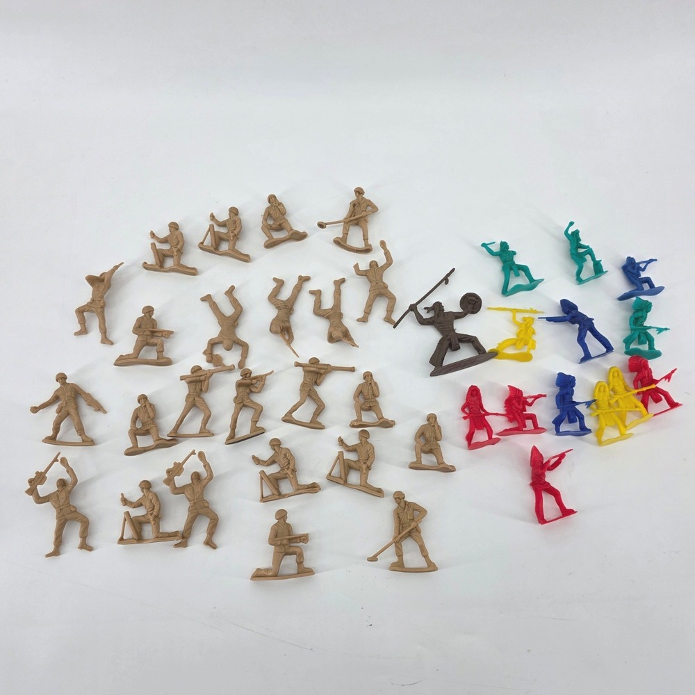 Vintage 38pc Plastic Toy Soldiers and Indians Figures Lot Tan Army Men